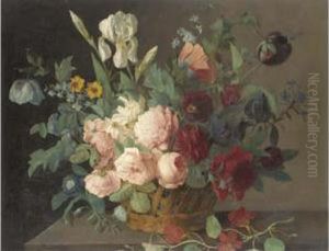 Roses, Narcissi, Irises, Tulips And Other Flowers In A Basket On Astone Ledge