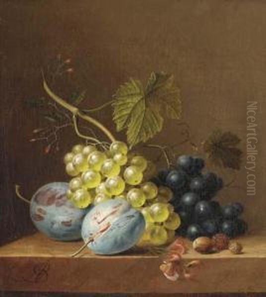 Grapes, Plums, Rasberries And An Acorn On A Wooden Ledge - view 1