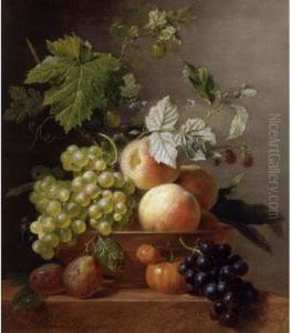 A Still Life Of Grapes And Peaches In A Bowl With Other Fruit, All Resting On A Ledge