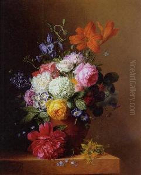 Flowers In A Terracotta Urn Resting On A Marble Ledge - view 1