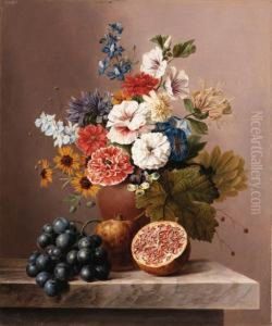 Flowers In A Vase With Grapes And Pomegranates On A Stoneledge