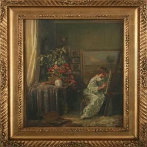Interior With The Painter Gerda Srom At A Easel by Gerhard Lichtenberg Blom