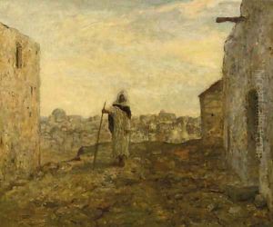 Blinde bedelaar a blind beggar on a hill top, a town beyond