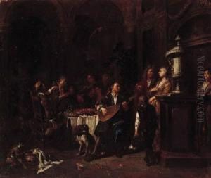 Elegant Company Making Music And
Dining On A Roof Terrace; And Cardplayers Fighting In An Interior by Maximilian Blommaerdt