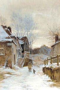 A shepherd and sheep on a country lane in a winter landscape by James George Bingley