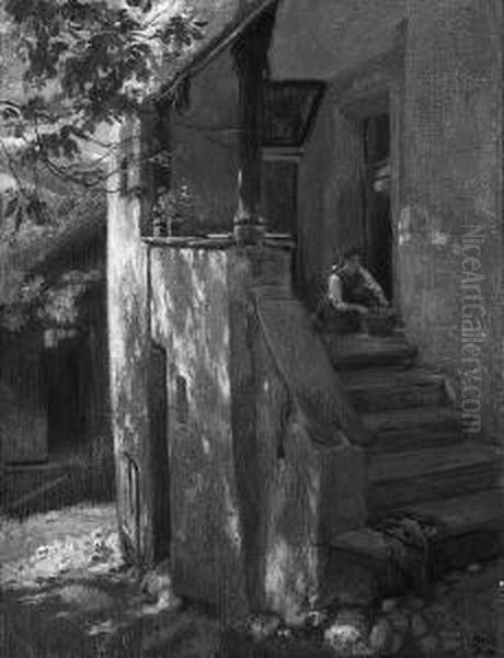 "madchen Auf Der Hintertreppe 
Eines Sudtiroler Bauernhauses". Sign. Ol Auf Lwd. 53,5 X 4 Cm. Rahmen - view 1