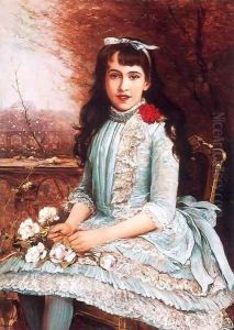 Girl in Blue Dress with Roses by Lajos Bruck