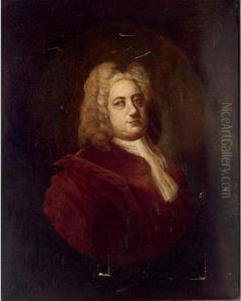 A Portrait Of Hermann Wellmann, A
Merchant In Hamburg, Wearing A Red Coat And A Lace Collar, In A Painted
Oval - view 1