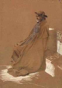 A Study of an elderly Gentleman, seated, wearing a full length Cape and Hat by Friedrich Bamberger