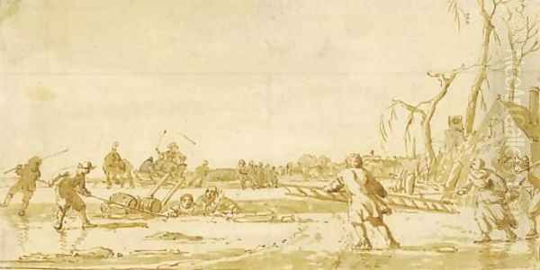 Villagers rescuing travellers drowning in a frozen river - view 1