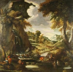 "gnomi E Folletti In Un Paesaggio Con Ruscello" Olio Su Tela by Faustino Bocchi
