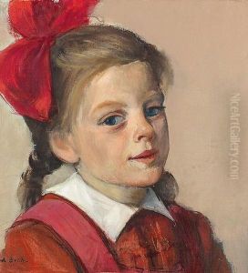 Portrat Eines Madchens Mit Roter Schleife. by Anna Boch