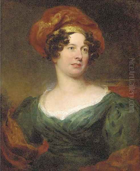 Portrait of a lady, half-length, in a green dress with a red and gold headdress - view 1