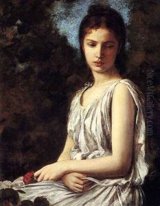 A Young Woman In Classical Dress Holding A Red Rose by Georges Bellanger