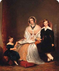 Group Portrait of a Lady with her two Children, small full-length, the former in a yellow lace dress, resting a book on her lap