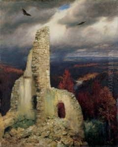 Burgruine Mit Zwei Kreisenden Adlern.