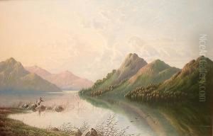 Highland Landscape With Figure Fishing In The Foreground by Henry Boddington