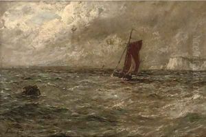 A fishing boat off a coastline, in a stormy sea by Gustave de Breanski