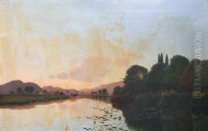 River Landscape With Cattle Watering, Possibly The Thames by Edwin H., Boddington Jnr.