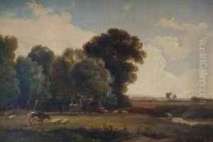 Landscape With Cattle And Sheep Grazing, Withfisherman By A Riverside by Edwin H., Boddington Jnr.
