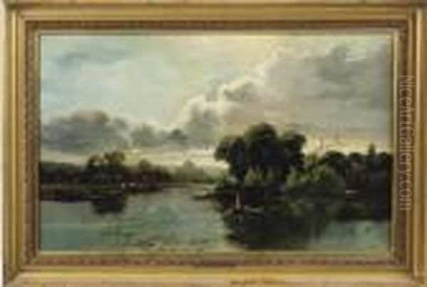 Two Anglers In A River Landscape, With Cattle Beyond - view 1