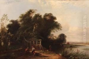 East Anglian River View With Figures By A Loch