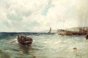 Fishing boats off a jetty by Gustave de Breanski