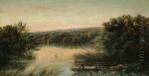 A Figure In A Punt On A River; Figures Fishing In A River Landscape by Edwin H., Boddington Jnr.