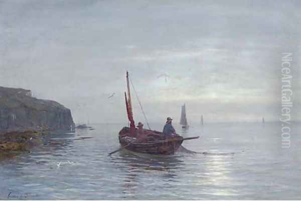 Fishing off a coastline at dusk - view 1