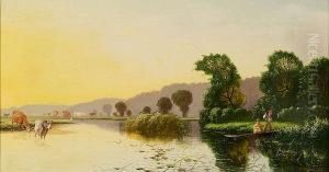 Thames Valley River Landscape
(possibly Between Goring And Pangbourne), With Figures In A Boat And
Cattle Grazing by Edwin H., Boddington Jnr.