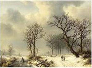 A Winter Landscape With Figures On A Snowy Track by Willem Bodemann