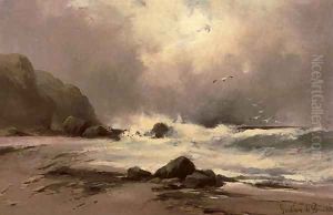 Waves against a beach by Gustave de Breanski