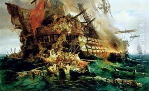 A Turkish Warship on Fire 1868 by Konstantinos (or Constantin) Bolanachi