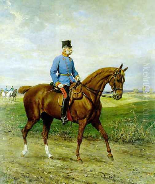 Kaiser Franz Joseph I. von Osterreich in der Campagneuniform eines Feldmarschalls zu Pferde im Manovergelande 1909 - view 1