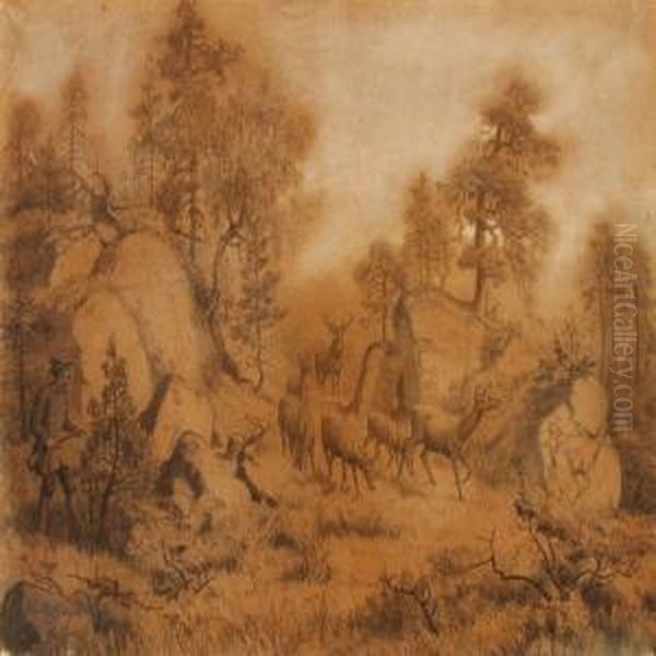Landscape With Hunter In Hiding And Red Deer - view 1