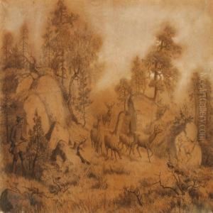 Landscape With Hunter In Hiding And Red Deer