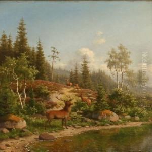 Summer Landscape With A Stag And Deer At A Forest Lake