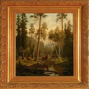 Spring Forest With Deer At A Stream by Carl Henrik Bogh
