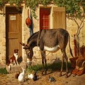 A Donkey, A Dog And Some Rabbits In Front Of A House A Donkey, A Dog And Some Rabbits In Front Of A House