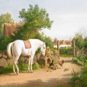 A White Horse, Two Dogs, A Hen And Ducklings Looking At Eachother by Carl Henrik Bogh