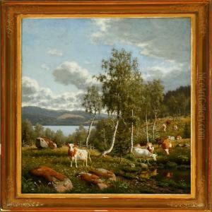 Swedish Landscape Withcattle Near A Lake by Carl Henrik Bogh