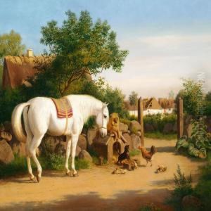 A White Horse, Two Dogs, A Hen And Ducklings Looking At Each Other by Carl Henrik Bogh
