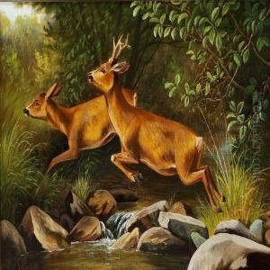 Running Roe Deers In A Forest by Carl Henrik Bogh