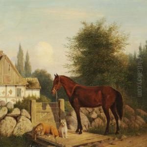 A Horse And Two Dogs At A Gate To A Half-timbered House