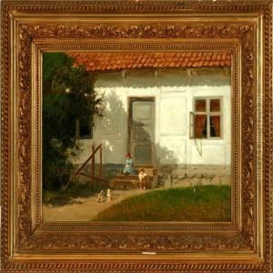 Children And Puppies In Front A White Half-timbered House by Carl Henrik Bogh