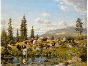 Cattle Watering In An Alpine Landscape by Carl Henrik Bogh