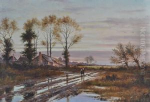 Figures On A Country Road At Sunset by John Henry Boel