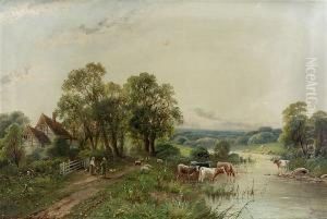 Cattle Watering And Figures On A Path Beside A Farmhouse
