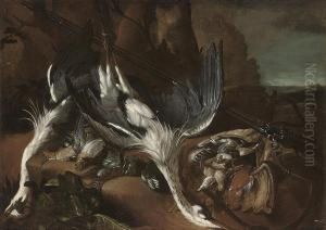 Two Dead Heron, Woodcock And Other Birds, With A Rifle In Alandscape