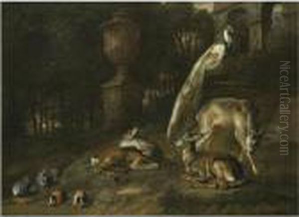 Rabbits, Guinea-pigs, Roe-deers And A Peacock In An Ornamental Garden - view 1